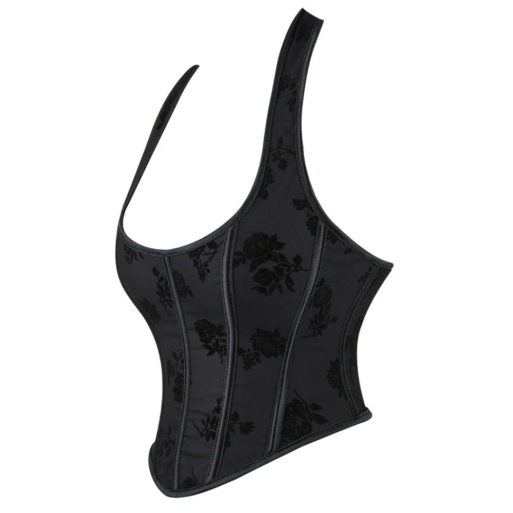 Black Floral Jacquard Halter Lace-Up Bustier Corset Top, Sz XS